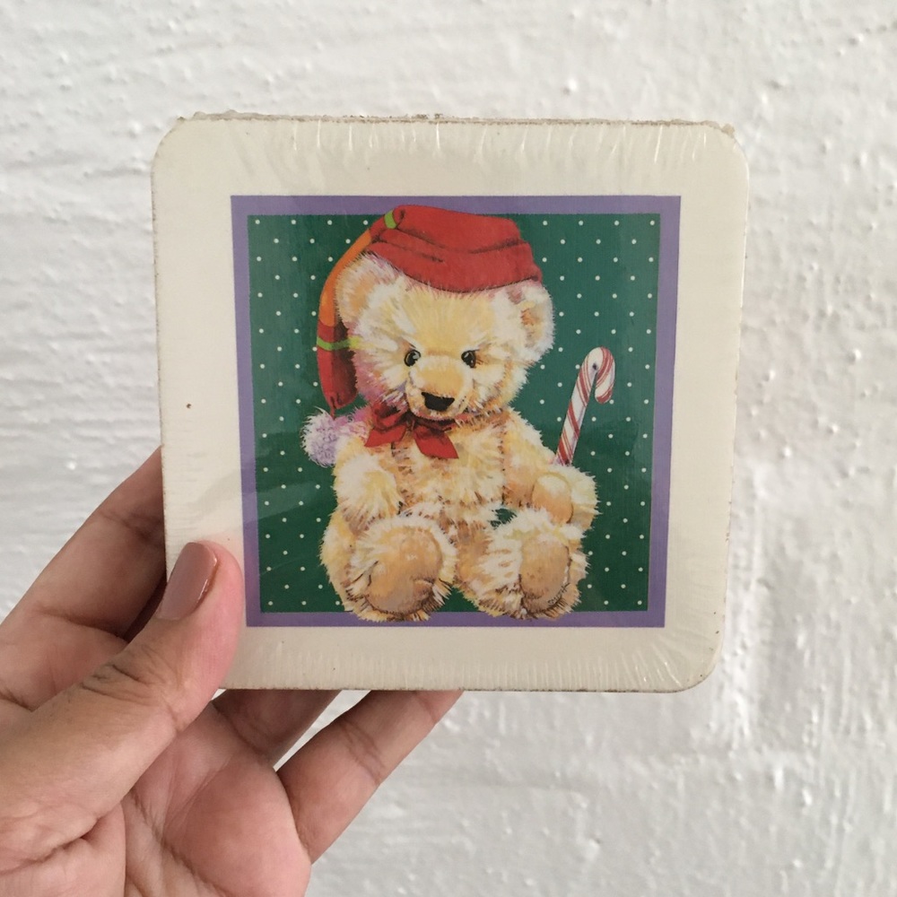 NIP Vintage Festive Holiday Christmas Bear Coasters with Golden Edges-Set of 6